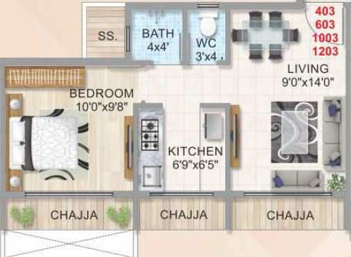 Floor plan of 1 BHK 314 Sq. Ft. Apartment in Ana Zillion Tower, Navi Mumbai