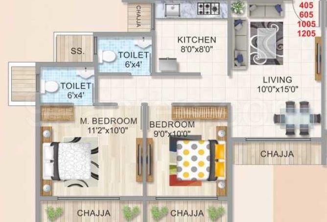 Floor plan of 2 BHK 500 Sq. Ft. Apartment in Ana Zillion Tower, Navi Mumbai