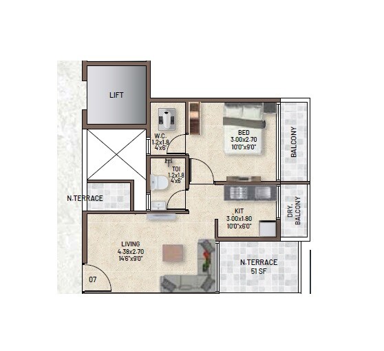 Floor plan of 1 BHK 405 Sq. Ft. Apartment in Ananda Bat Ha Residency, Navi Mumbai