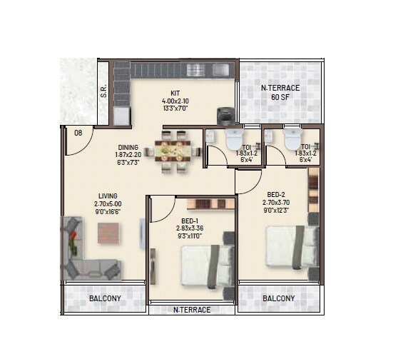 2 BHK 675 Sq. Ft. Apartment