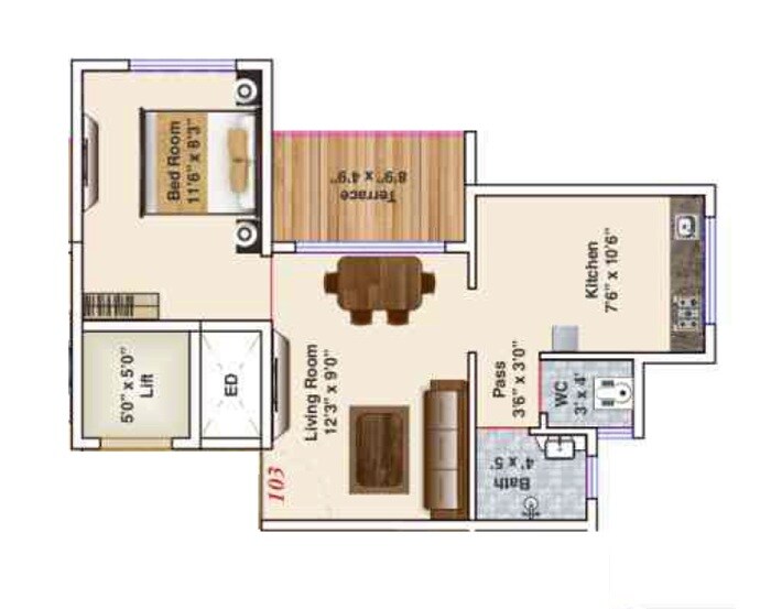 Floor plan of 1 BHK 315 Sq. Ft. Apartment in Anant Sakshi, Navi Mumbai