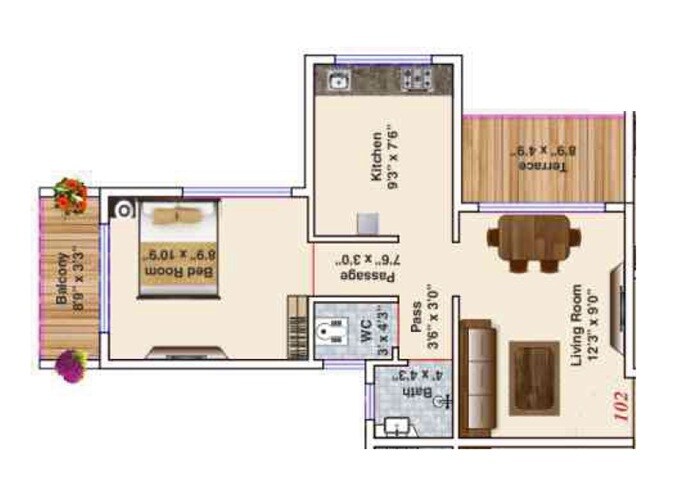 Floor plan of 1 BHK 331 Sq. Ft. Apartment in Anant Sakshi, Navi Mumbai