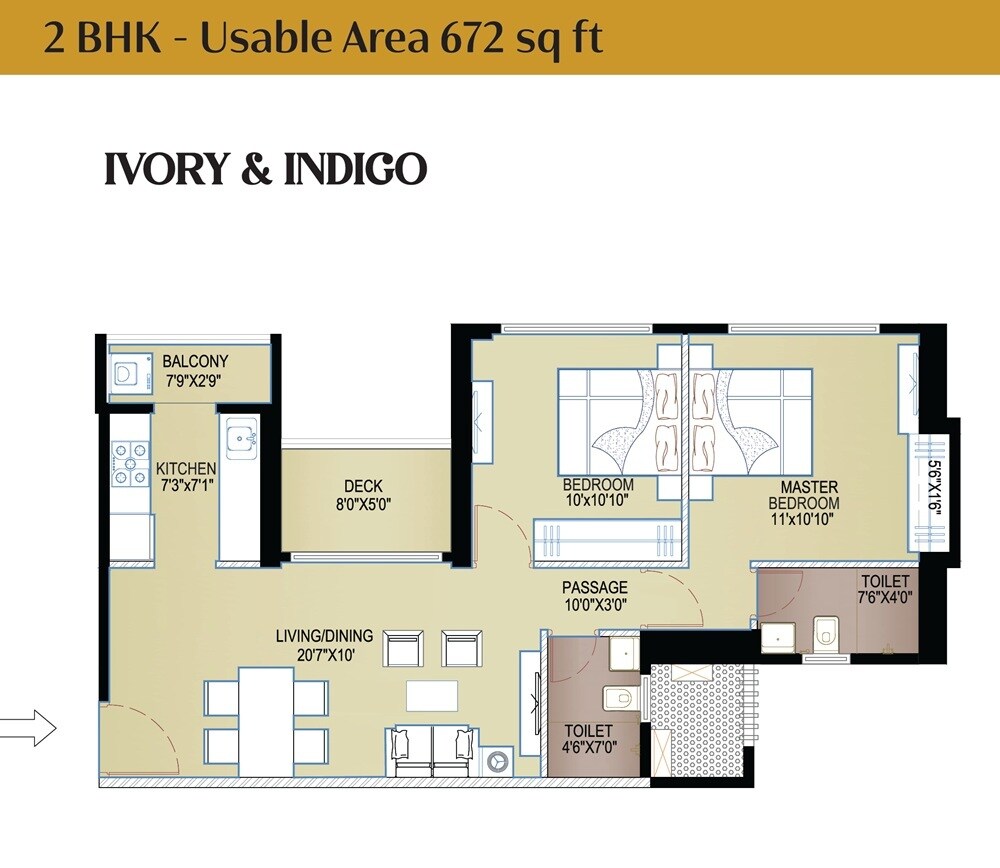 Floor plan of 2 BHK 672 Sq. Ft. Apartment in Anantham Rainbow County The Defence Enclave, Navi Mumbai