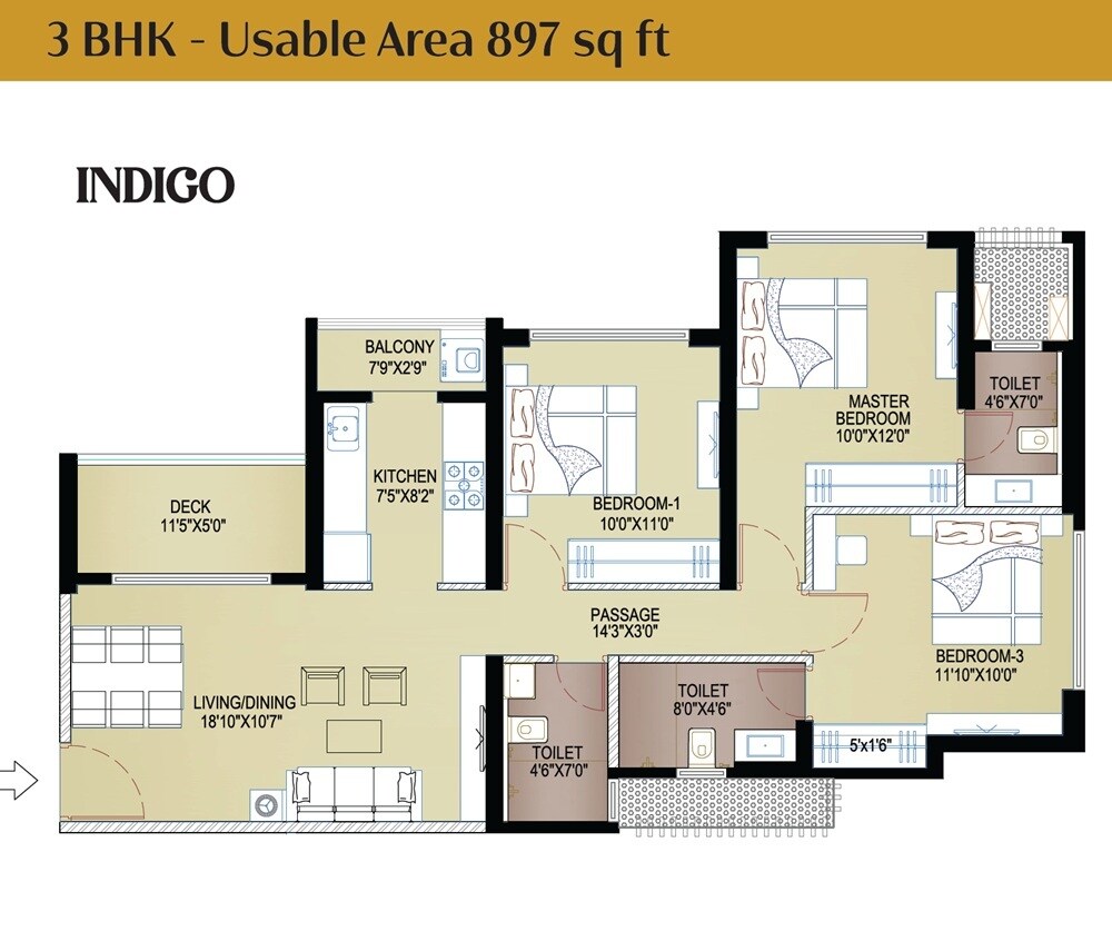 Floor plan of 3 BHK 897 Sq. Ft. Apartment in Anantham Rainbow County The Defence Enclave, Navi Mumbai