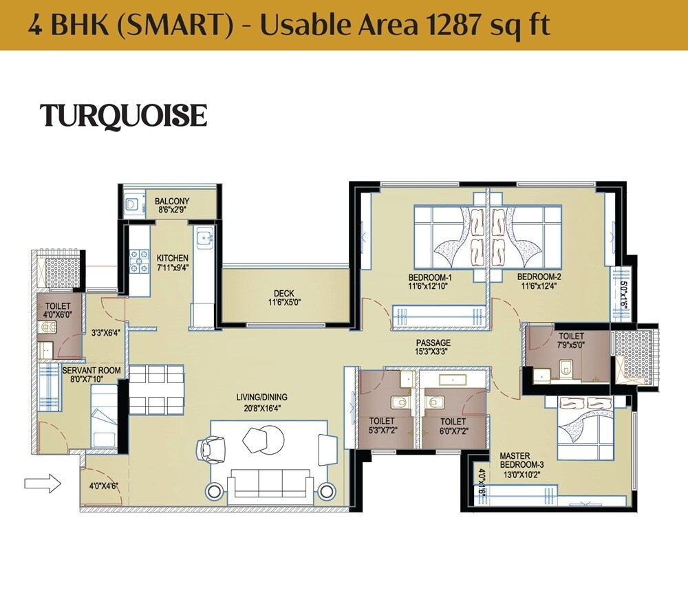 Floor plan of 4 BHK 1287 Sq. Ft. Apartment in Anantham Rainbow County The Defence Enclave, Navi Mumbai