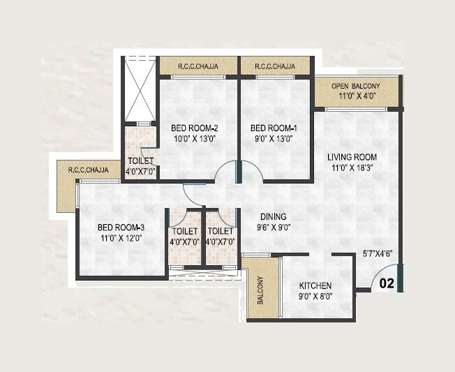 Floor plan of 3 BHK 872 Sq. Ft. Apartment in Aniruddha Icon, Navi Mumbai