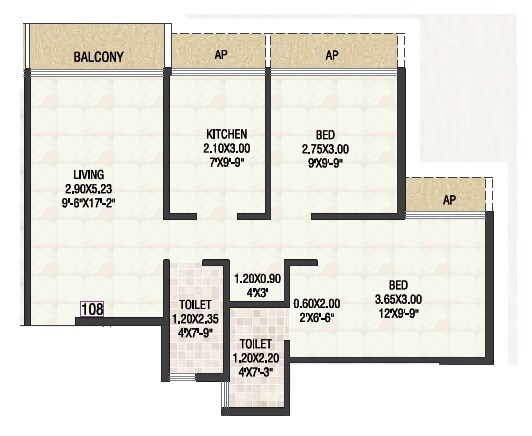 Floor plan of 2 BHK 628 Sq. Ft. Apartment in Aniruddha Pooja, Navi Mumbai