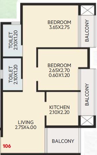 Floor plan of 2 BHK 377 Sq. Ft. Apartment in Anmol The Nature, Navi Mumbai