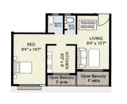 1 BHK 419 Sq. Ft. Apartment