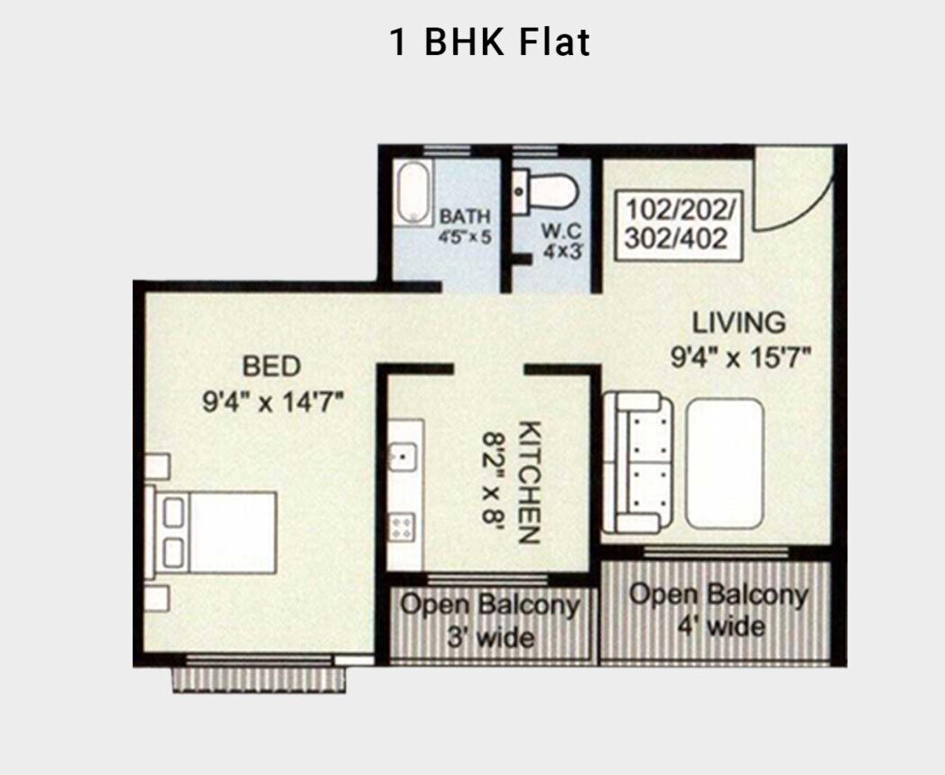 Floor plan of 1 BHK 429 Sq. Ft. Apartment in Anubhavv Madhavbaug, Navi Mumbai