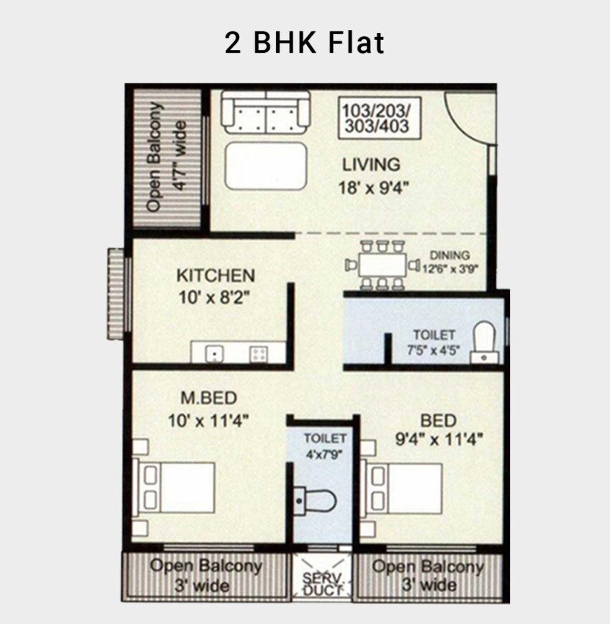 Floor plan of 2 BHK 573 Sq. Ft. Apartment in Anubhavv Madhavbaug, Navi Mumbai