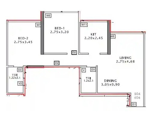 Floor plan of 2 BHK 535 Sq. Ft. Apartment in Aramus The Domus 26 East, Navi Mumbai