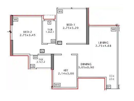 Floor plan of 2 BHK 598 Sq. Ft. Apartment in Aramus The Domus 26 East, Navi Mumbai
