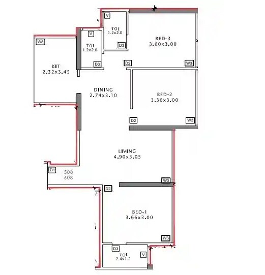 Floor plan of 3 BHK 777 Sq. Ft. Apartment in Aramus The Domus 26 East, Navi Mumbai