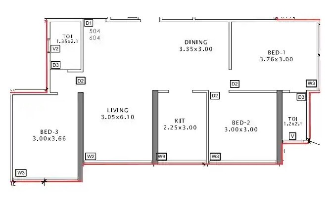 Floor plan of 3 BHK 870 Sq. Ft. Apartment in Aramus The Domus 26 East, Navi Mumbai