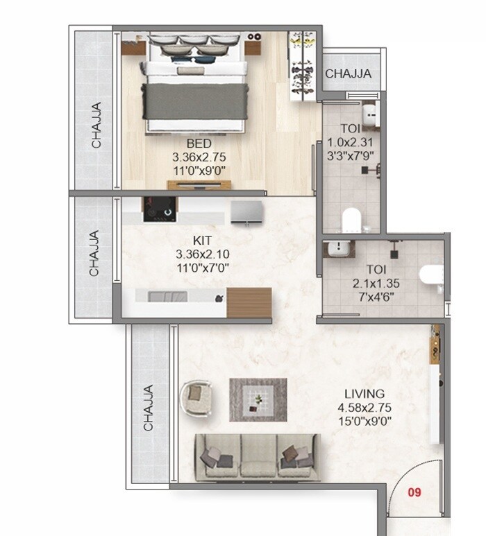 Floor plan of 1 BHK 340 Sq. Ft. Apartment in Aramus The Domus 26 West, Navi Mumbai
