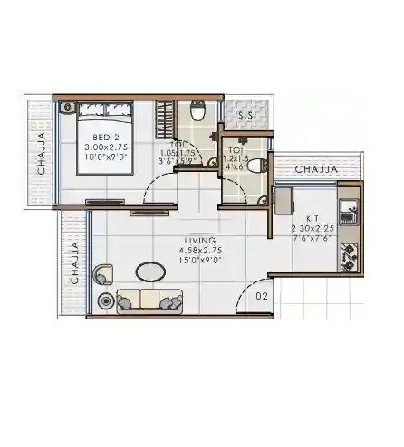 Floor plan of 1 BHK 353 Sq. Ft. Apartment in Aramus The Domus 26 West, Navi Mumbai