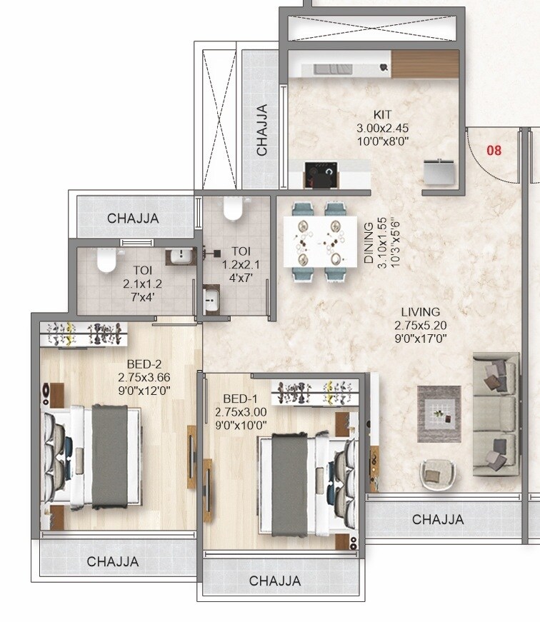 Floor plan of 2 BHK 516 Sq. Ft. Apartment in Aramus The Domus 26 West, Navi Mumbai