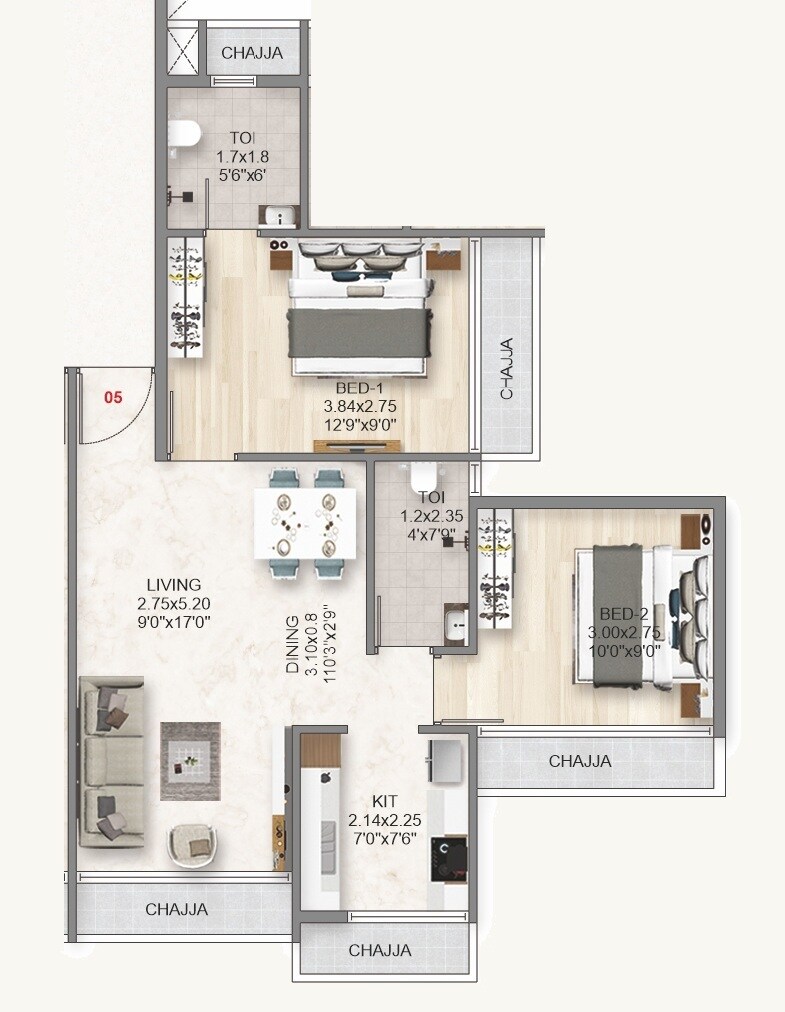 Floor plan of 2 BHK 539 Sq. Ft. Apartment in Aramus The Domus 26 West, Navi Mumbai