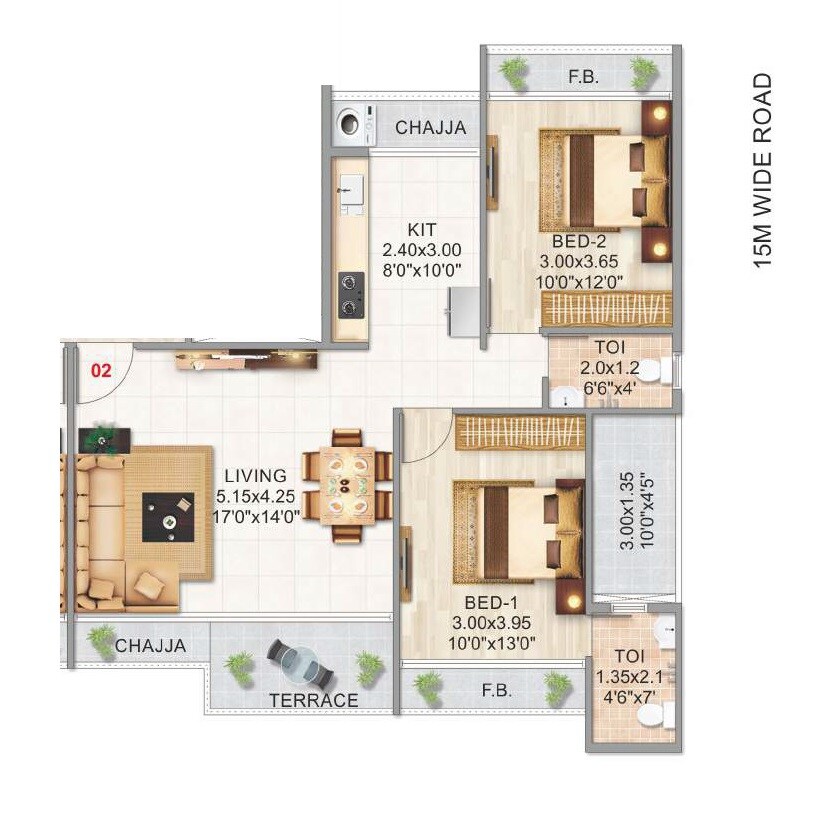 Floor plan of 2 BHK 767 Sq. Ft. Apartment in Aramus The Domus, Navi Mumbai