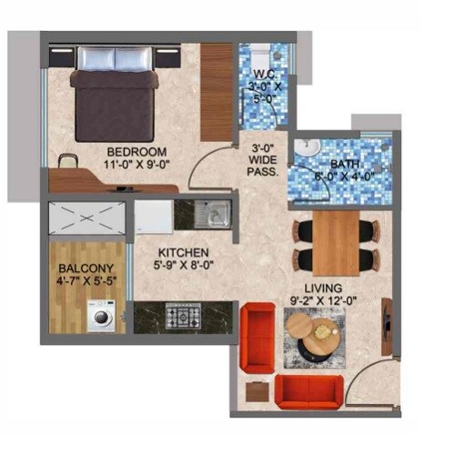 Floor plan of 2 BHK 578 Sq. Ft. Apartment in Arihant Adarsh, Navi Mumbai