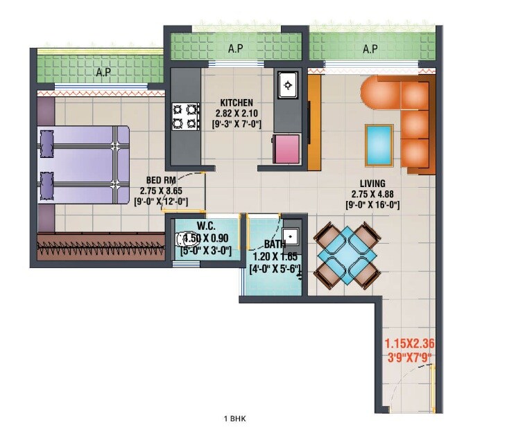Floor plan of 1 BHK 347 Sq. Ft. Apartment in Arihant Aloki Phase II, Navi Mumbai