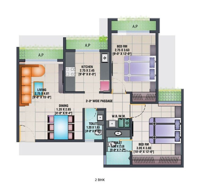 Floor plan of 2 BHK 526 Sq. Ft. Apartment in Arihant Aloki Phase II, Navi Mumbai