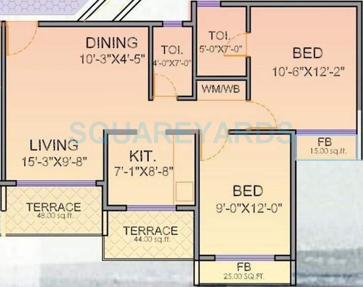 Floor plan of 2 BHK 1070 Sq. Ft. Apartment in Arihant Amodini, Navi Mumbai