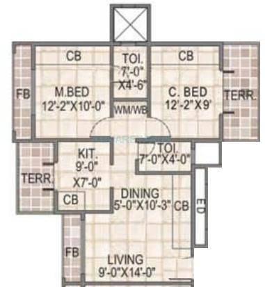 Floor plan of 2 BHK Apartment - 1410 sq. ft. in Arihant Anaya, Navi Mumbai