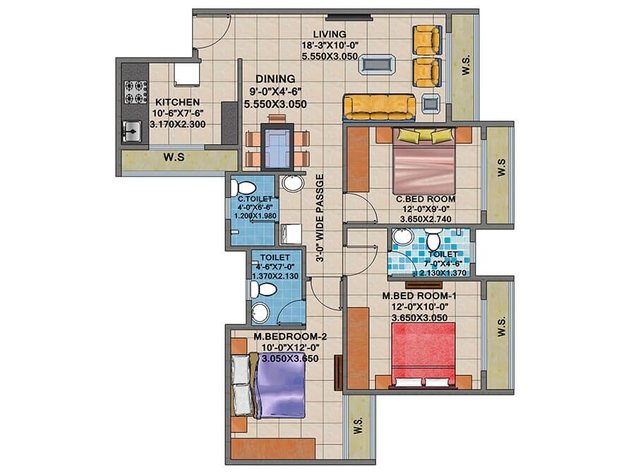 Floor plan of 3 BHK 967 Sq. Ft. Apartment in Arihant Anshula, Navi Mumbai