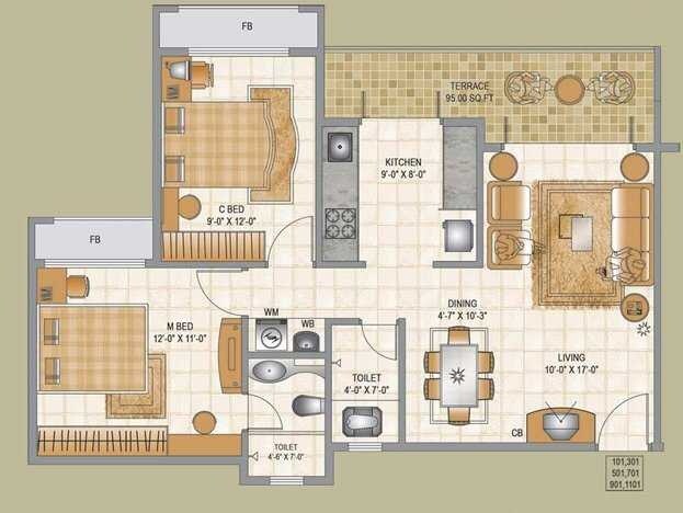 Floor plan of 2 BHK 1125 Sq. Ft. Apartment in ArihantKrupa, Navi Mumbai