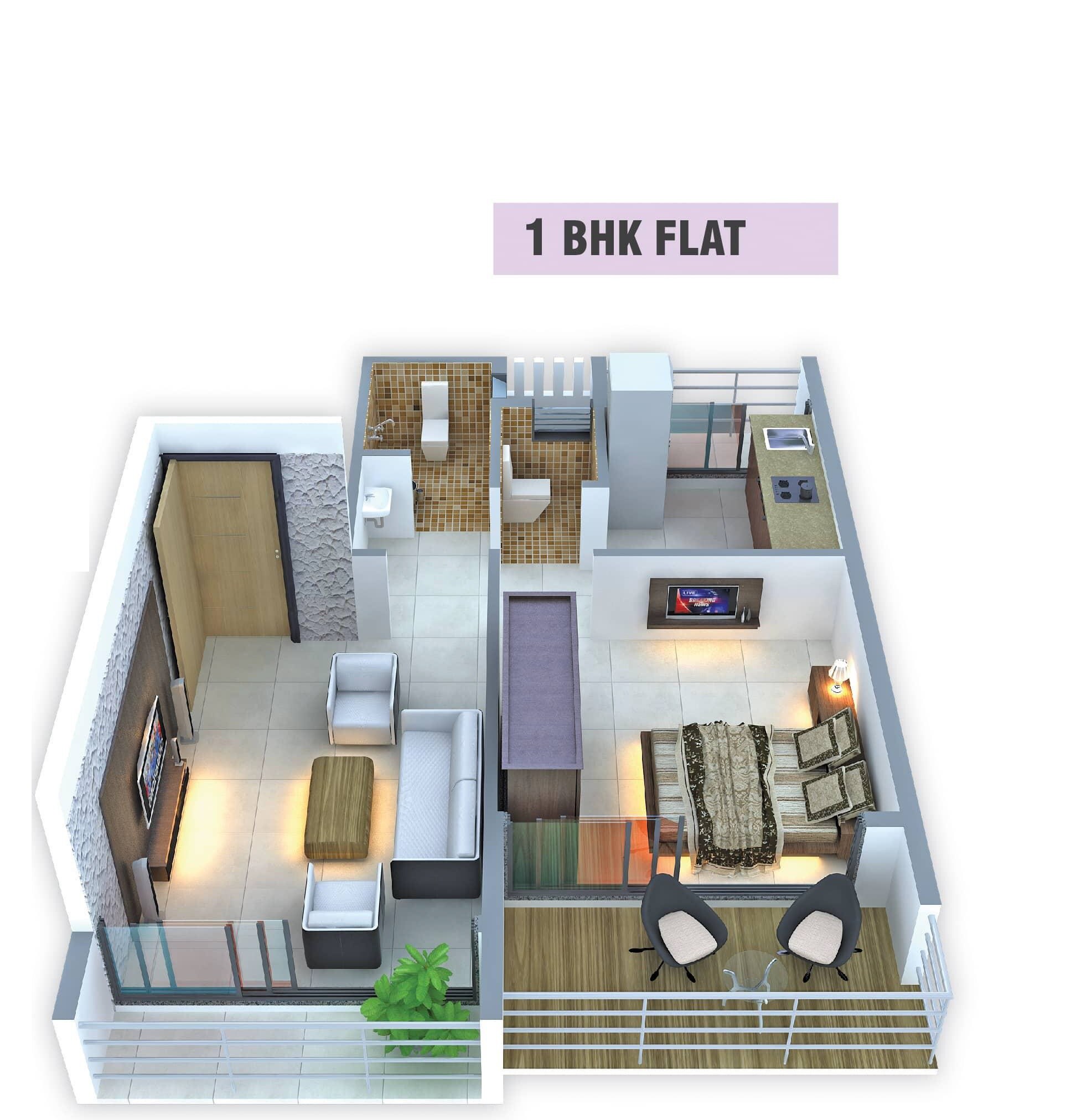 Floor plan of 1 BHK 680 Sq. Ft. Apartment in Aruhee Bhushan, Navi Mumbai