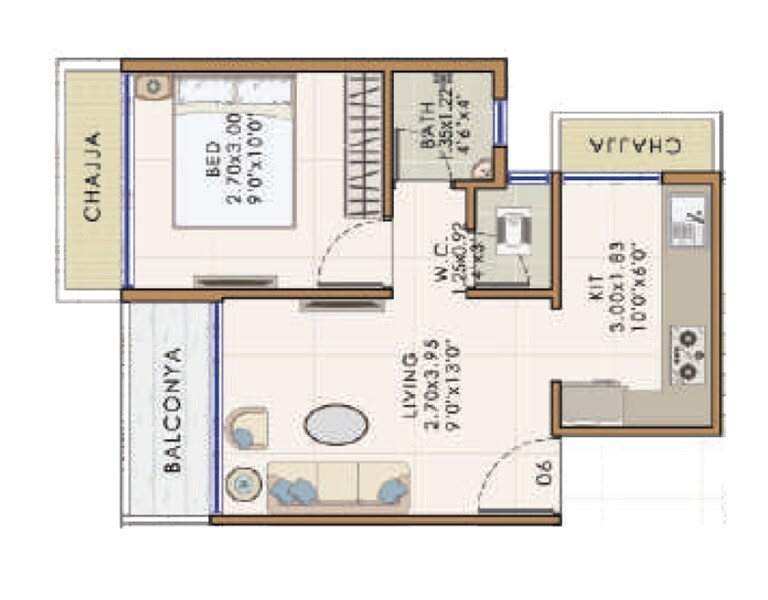 Floor plan of 1 BHK 307 Sq. Ft. Apartment in AS Ornate, Navi Mumbai