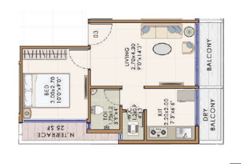 Floor plan of 1 BHK 319 Sq. Ft. Apartment in AS Ornate, Navi Mumbai