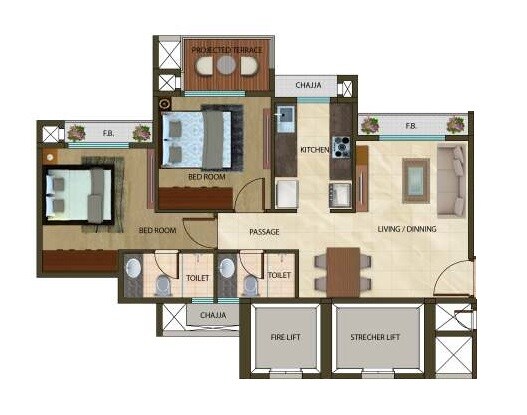 Floor plan of 2 BHK 523 Sq. Ft. Apartment in Asaya Aurous, Navi Mumbai
