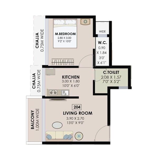 Floor plan of 1 BHK 383 Sq. Ft. Apartment in Ascons Garnet, Navi Mumbai