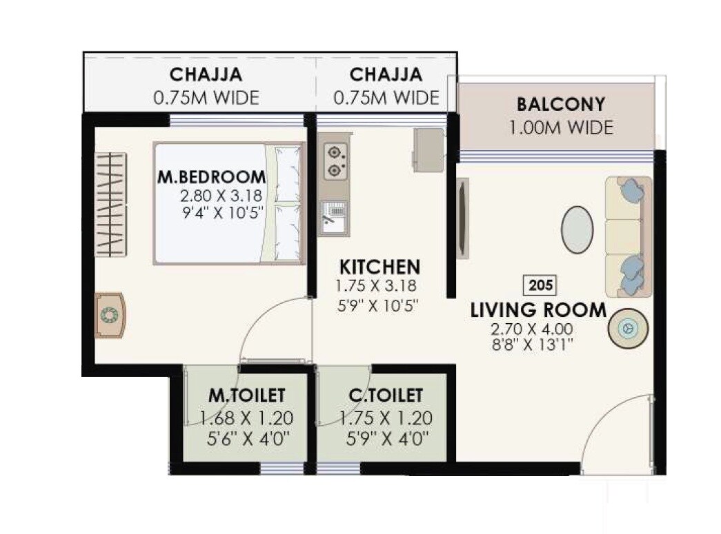 Floor plan of 1 BHK 463 Sq. Ft. Apartment in Ascons Garnet, Navi Mumbai