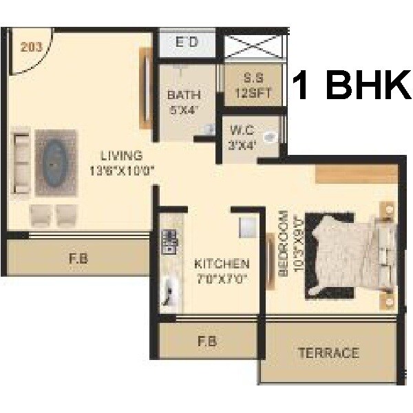 Floor plan of 1 BHK 350 Sq. Ft. Apartment in Ashapura Anant Corner, Navi Mumbai
