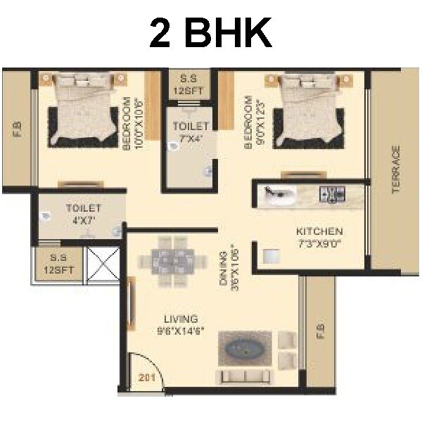 Floor plan of 2 BHK 565 Sq. Ft. Apartment in Ashapura Anant Corner, Navi Mumbai