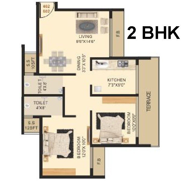 Floor plan of 2 BHK 590 Sq. Ft. Apartment in Ashapura Anant Corner, Navi Mumbai