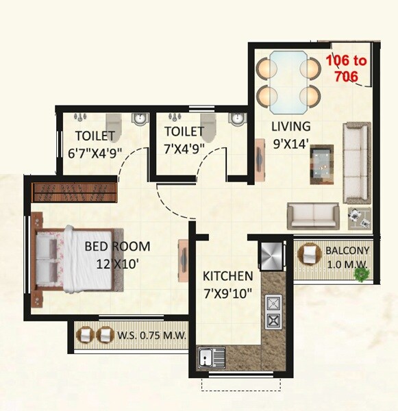 Floor plan of 1 BHK 360 Sq. Ft. Apartment in Ashapura Ayodhya, Navi Mumbai