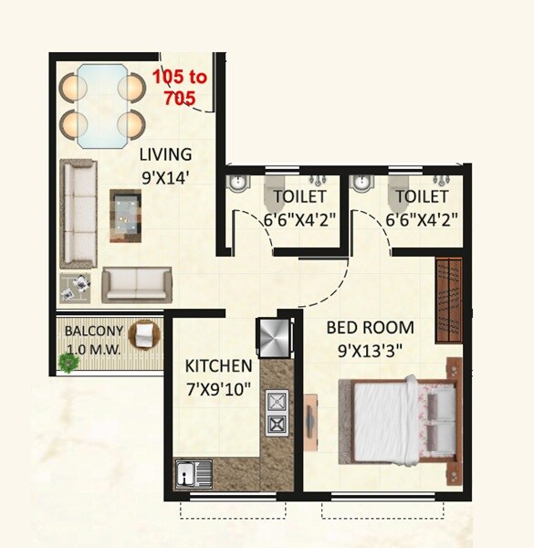 Floor plan of 1 BHK 434 Sq. Ft. Apartment in Ashapura Ayodhya, Navi Mumbai