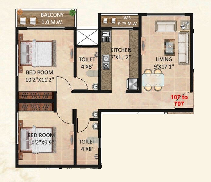 Floor plan of 2 BHK 517 Sq. Ft. Apartment in Ashapura Ayodhya, Navi Mumbai