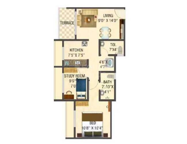 Floor plan of 2 BHK 426 Sq. Ft. Apartment in Ashapura My Sky Residency, Navi Mumbai