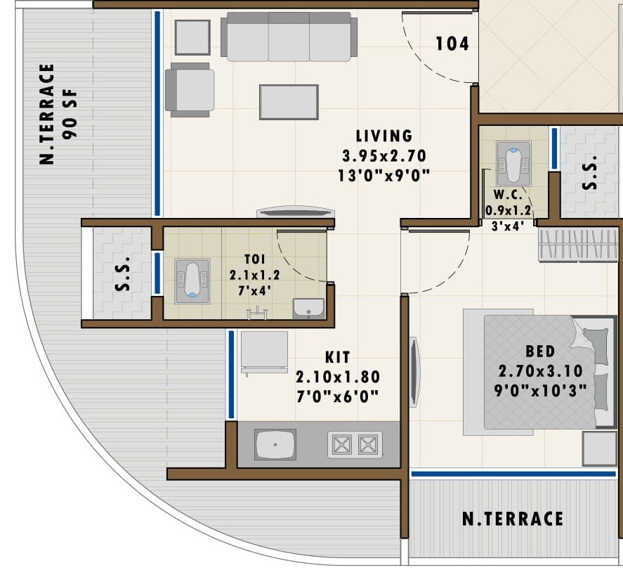 Floor plan of 1 BHK 665 Sq. Ft. Apartment in Ashiana Pratik Heritage, Navi Mumbai