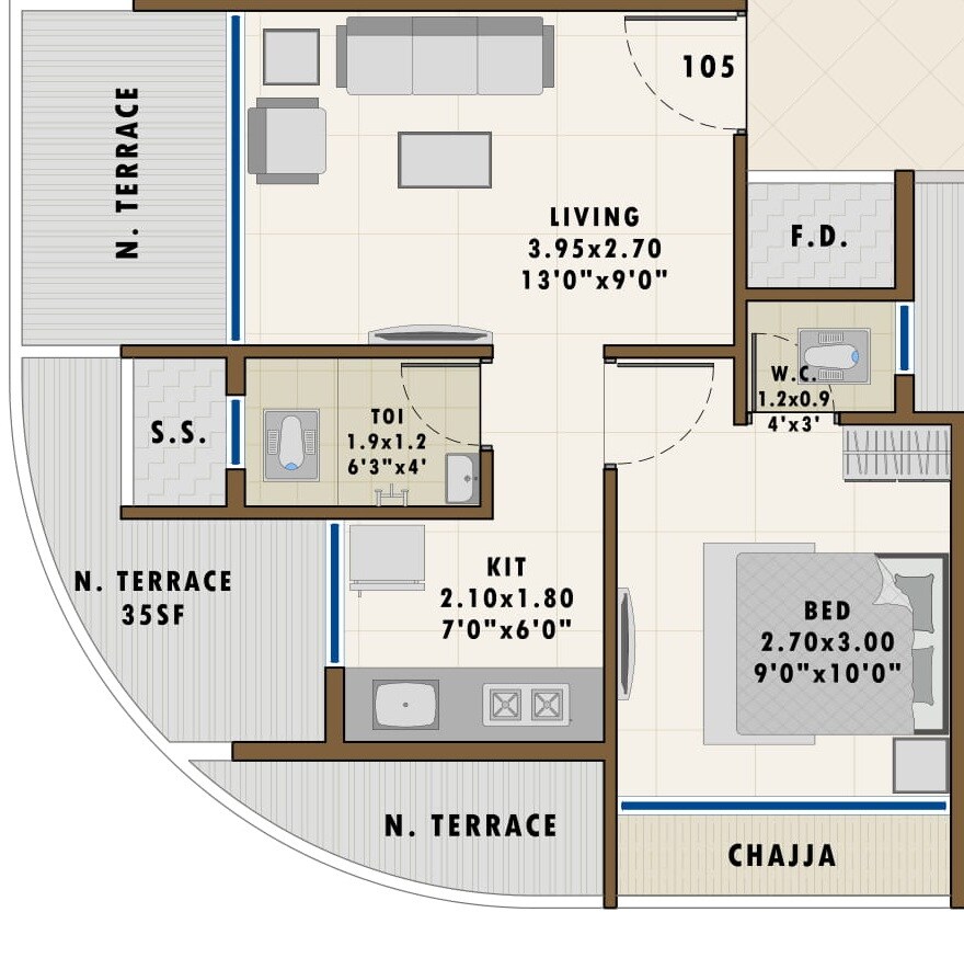 Floor plan of 1 BHK 665 Sq. Ft. Apartment in Ashiana Pratik Hills, Navi Mumbai