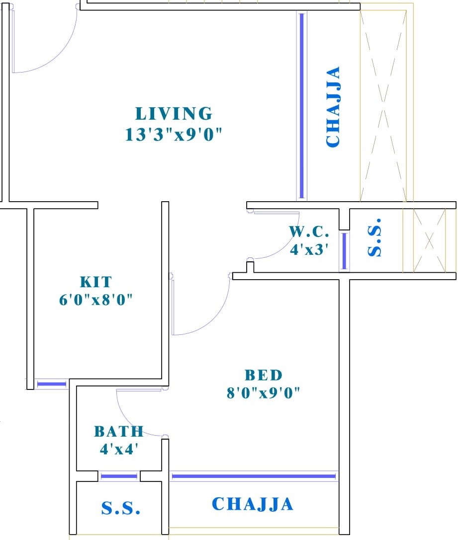 Floor plan of 1 BHK 305 Sq. Ft. Apartment in Ashiana Pratik Pride, Navi Mumbai