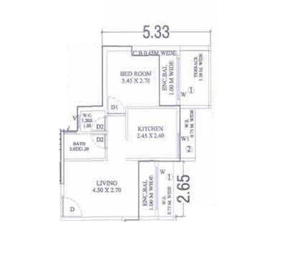 Floor plan of 1 BHK 327 Sq. Ft. Apartment in Ashiyana Infinity, Navi Mumbai