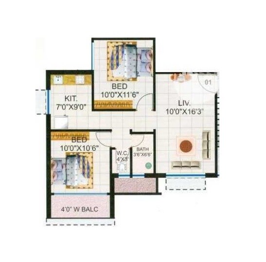 Floor plan of 2 BHK 645 Sq. Ft. Apartment in Ashiyana Village, Navi Mumbai