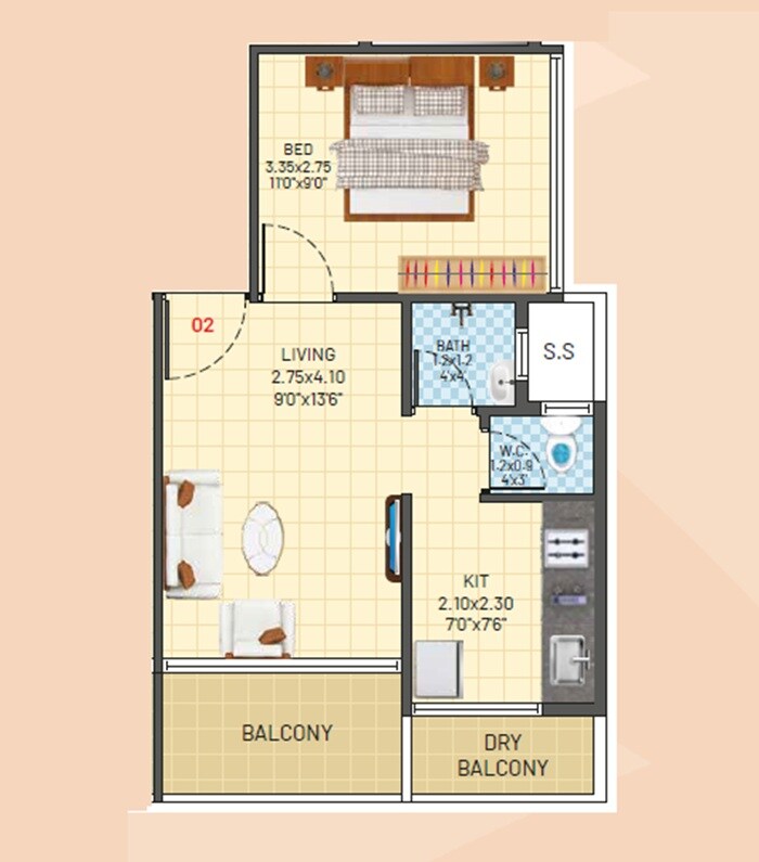 Floor plan of 1 BHK 320 Sq. Ft. Apartment in Ashiyana Zayan Manzil, Navi Mumbai